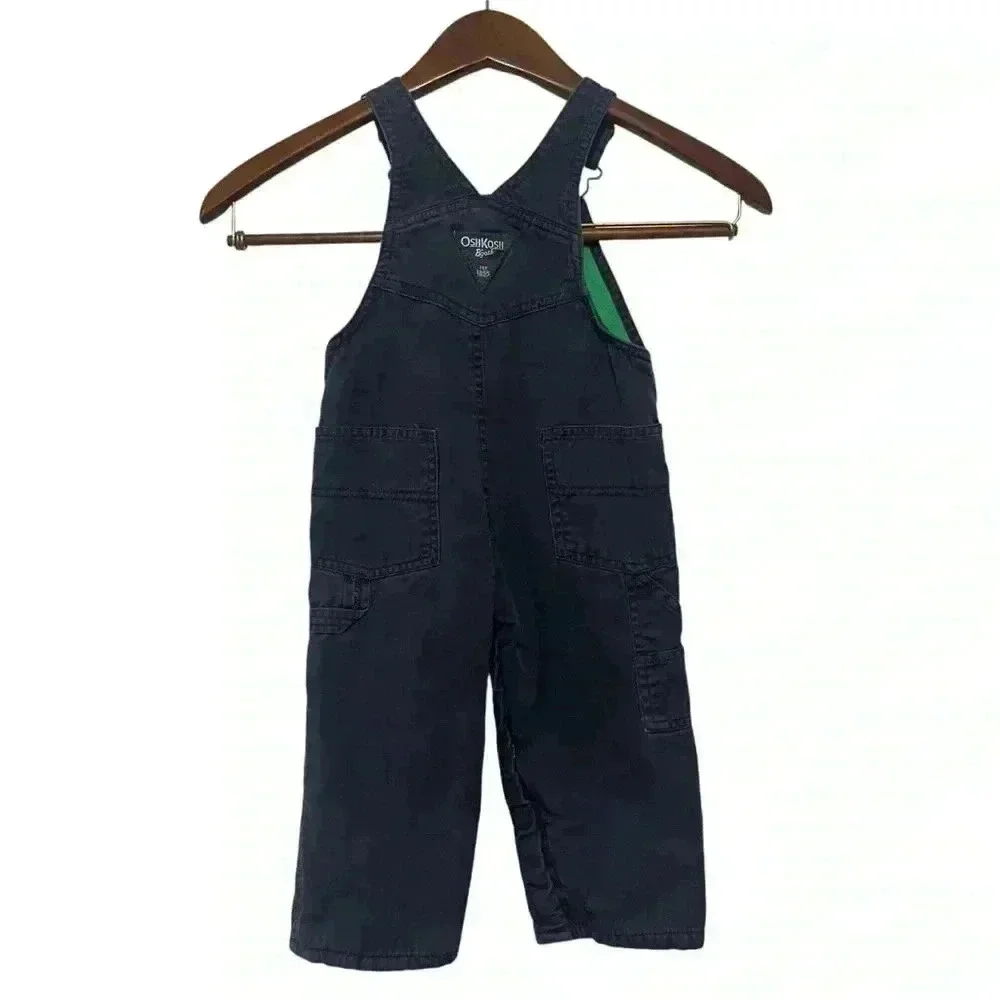 OshKosh B'gosh Boy's Size 18 Months Navy Blue Overalls Green Fleece Lined